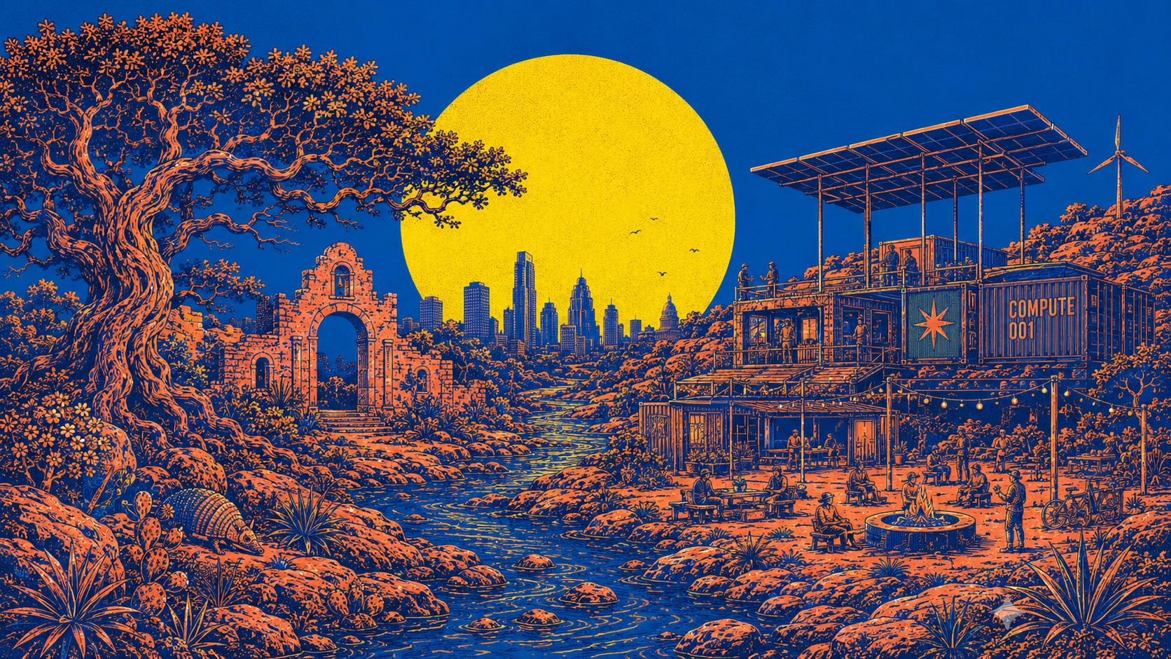 Screen-printed duotone landscape: live oak, mission arch, Austin skyline under an acid-yellow sun, solar canopy and compute container