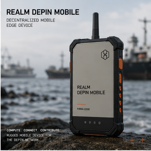 Realm Mobile — a rugged handheld field device with antenna and orange side keys.