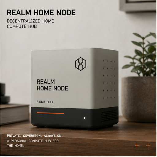 Realm Home Node — a compact desktop compute hub in bone white over a black base with an orange status band.