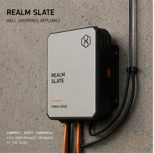 Realm Slate — a wall-mounted inference appliance in bone white with black chassis and orange service pull.