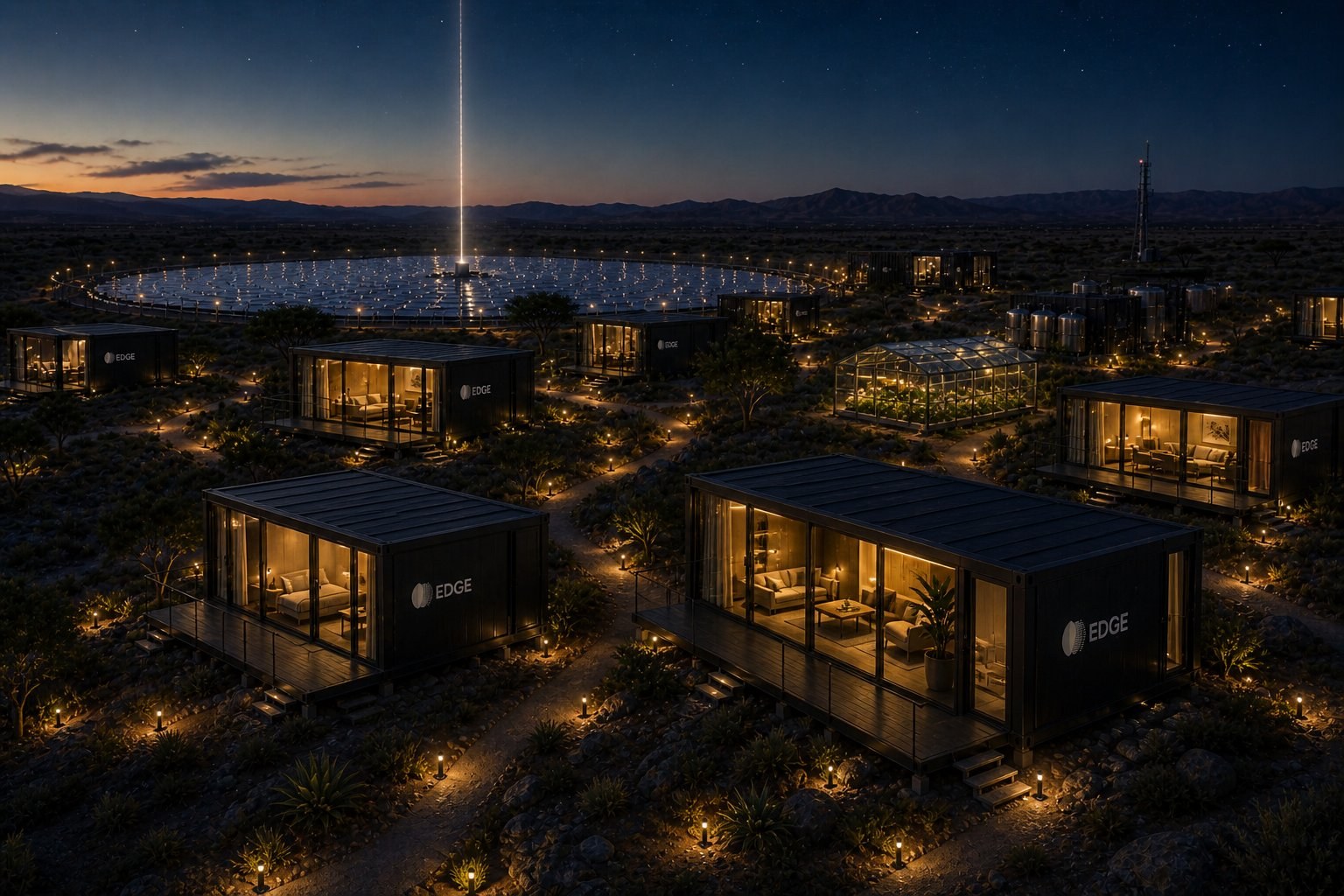A community of modules at night under a beam of light